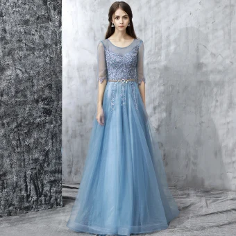 Moderne Mode Bleu Ciel Robe De Bal 2017 Princesse Longue Encolure Dégagée 1 2 Manches Dos Nu Appliques Fleur Perle Faux Diamant Perlage Paillettes Métal Ceinture Percé Robe De Ceremonie