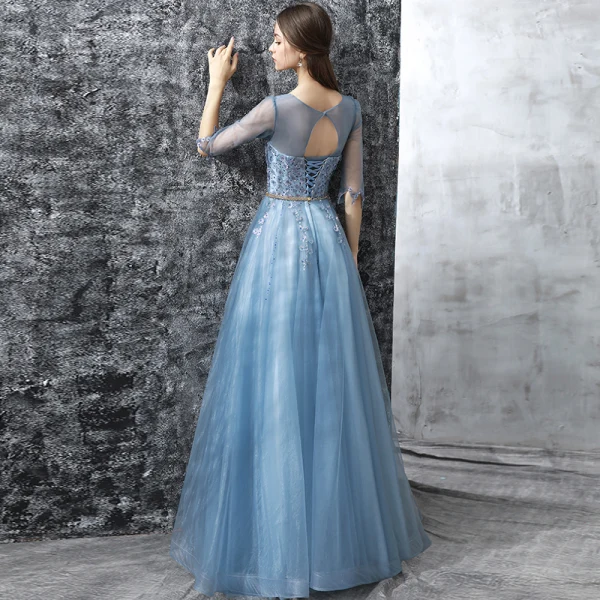Modern / Fashion Sky Blue Prom Dresses 2017 A-Line / Princess Floor-Length / Long Scoop Neck 1/2 Sleeves Backless Appliques Flower Pearl Rhinestone Beading Sequins Metal Sash Pierced Formal Dresses