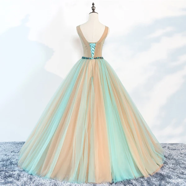 Chic / Beautiful Champagne Prom Dresses 2018 Ball Gown V-Neck Sleeveless Appliques Flower Beading Rhinestone Sash Floor-Length / Long Ruffle Backless Formal Dresses