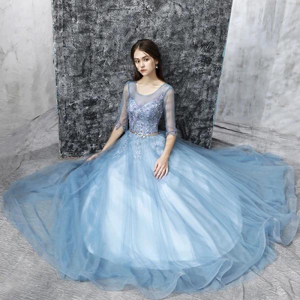 Modern / Fashion Sky Blue Prom Dresses 2017 A-Line / Princess Floor-Length / Long Scoop Neck 1/2 Sleeves Backless Appliques Flower Pearl Rhinestone Beading Sequins Metal Sash Pierced Formal Dresses