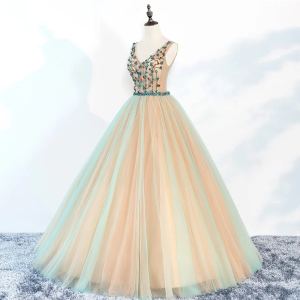 Chic / Beautiful Champagne Prom Dresses 2018 Ball Gown V-Neck Sleeveless Appliques Flower Beading Rhinestone Sash Floor-Length / Long Ruffle Backless Formal Dresses