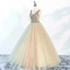 Chic / Beautiful Champagne Prom Dresses 2018 Ball Gown V-Neck Sleeveless Appliques Flower Beading Rhinestone Sash Floor-Length / Long Ruffle Backless Formal Dresses