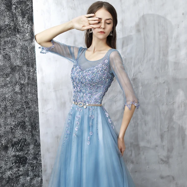 Modern / Fashion Sky Blue Prom Dresses 2017 A-Line / Princess Floor-Length / Long Scoop Neck 1/2 Sleeves Backless Appliques Flower Pearl Rhinestone Beading Sequins Metal Sash Pierced Formal Dresses