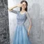 Modern / Fashion Sky Blue Prom Dresses 2017 A-Line / Princess Floor-Length / Long Scoop Neck 1/2 Sleeves Backless Appliques Flower Pearl Rhinestone Beading Sequins Metal Sash Pierced Formal Dresses