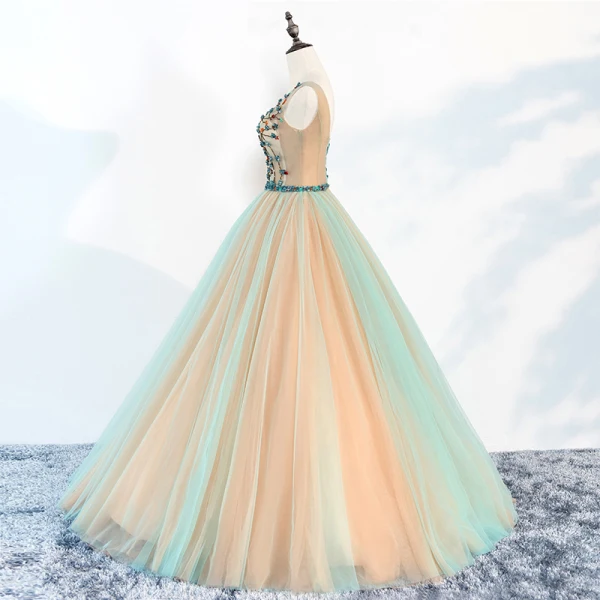 Chic / Beautiful Champagne Prom Dresses 2018 Ball Gown V-Neck Sleeveless Appliques Flower Beading Rhinestone Sash Floor-Length / Long Ruffle Backless Formal Dresses