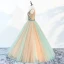 Chic / Beautiful Champagne Prom Dresses 2018 Ball Gown V-Neck Sleeveless Appliques Flower Beading Rhinestone Sash Floor-Length / Long Ruffle Backless Formal Dresses