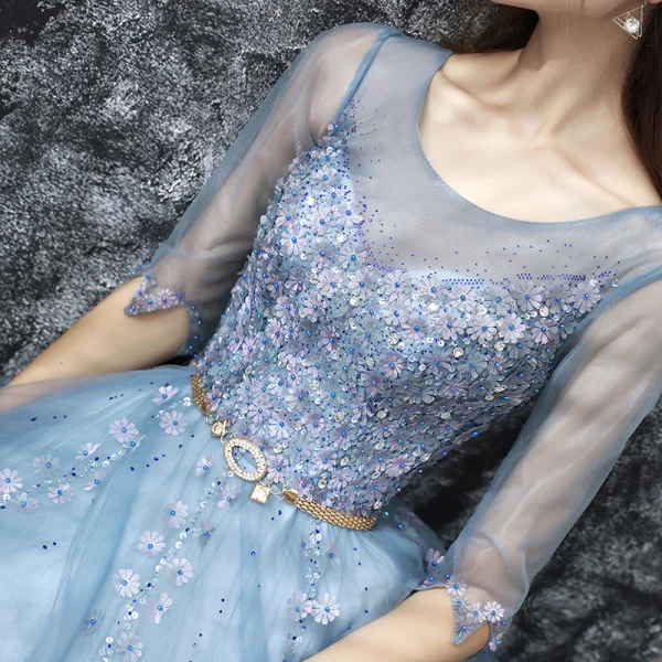 Modern / Fashion Sky Blue Prom Dresses 2017 A-Line / Princess Floor-Length / Long Scoop Neck 1/2 Sleeves Backless Appliques Flower Pearl Rhinestone Beading Sequins Metal Sash Pierced Formal Dresses