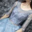 Modern / Fashion Sky Blue Prom Dresses 2017 A-Line / Princess Floor-Length / Long Scoop Neck 1/2 Sleeves Backless Appliques Flower Pearl Rhinestone Beading Sequins Metal Sash Pierced Formal Dresses