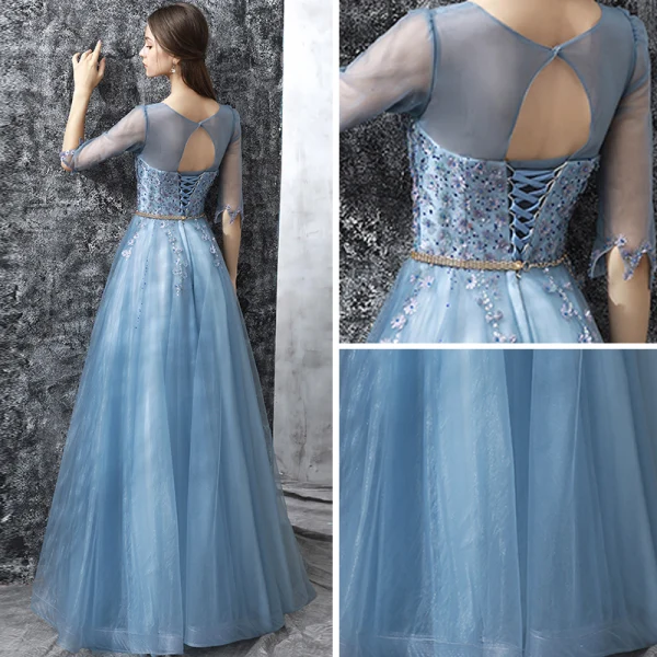 Modern / Fashion Sky Blue Prom Dresses 2017 A-Line / Princess Floor-Length / Long Scoop Neck 1/2 Sleeves Backless Appliques Flower Pearl Rhinestone Beading Sequins Metal Sash Pierced Formal Dresses