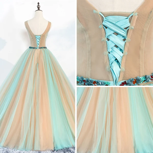 Chic / Beautiful Champagne Prom Dresses 2018 Ball Gown V-Neck Sleeveless Appliques Flower Beading Rhinestone Sash Floor-Length / Long Ruffle Backless Formal Dresses