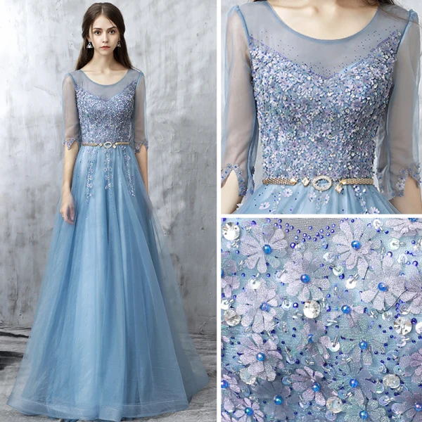Modern / Fashion Sky Blue Prom Dresses 2017 A-Line / Princess Floor-Length / Long Scoop Neck 1/2 Sleeves Backless Appliques Flower Pearl Rhinestone Beading Sequins Metal Sash Pierced Formal Dresses