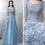 Modern / Fashion Sky Blue Prom Dresses 2017 A-Line / Princess Floor-Length / Long Scoop Neck 1/2 Sleeves Backless Appliques Flower Pearl Rhinestone Beading Sequins Metal Sash Pierced Formal Dresses