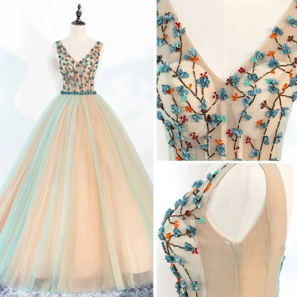 Chic / Beautiful Champagne Prom Dresses 2018 Ball Gown V-Neck Sleeveless Appliques Flower Beading Rhinestone Sash Floor-Length / Long Ruffle Backless Formal Dresses