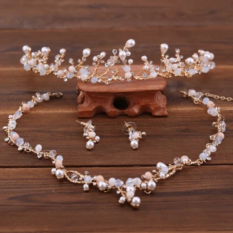 Chic Beautiful Gold Ivory Bridal Jewelry 2018 Metal Pearl Crystal Rhinestone Tiara Earrings Necklace Accessories