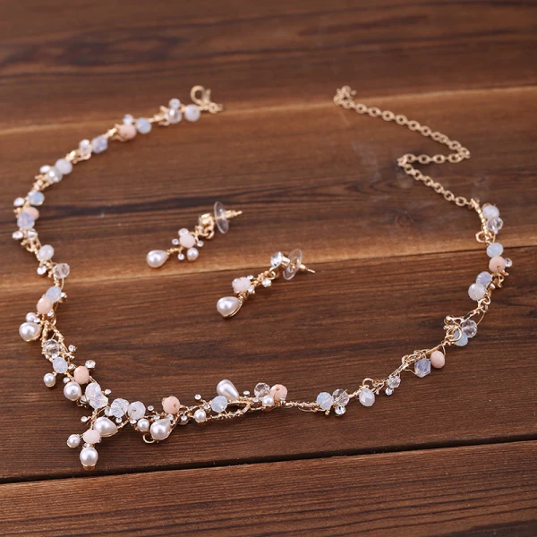 Chic / Belle Doré Ivoire Bijoux Mariage 2018 Métal Perle Cristal Faux Diamant Tiare Boucles D'Oreilles Un Collier Accessorize