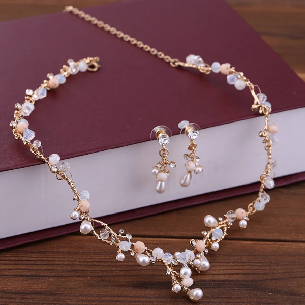 Chic / Belle Doré Ivoire Bijoux Mariage 2018 Métal Perle Cristal Faux Diamant Tiare Boucles D'Oreilles Un Collier Accessorize
