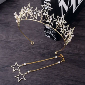Fine Gull Brudesmykker 2018 Metall Perle Krystall Rhinestone Stjerne Tiara Øredobber Bryllup Tilbehør