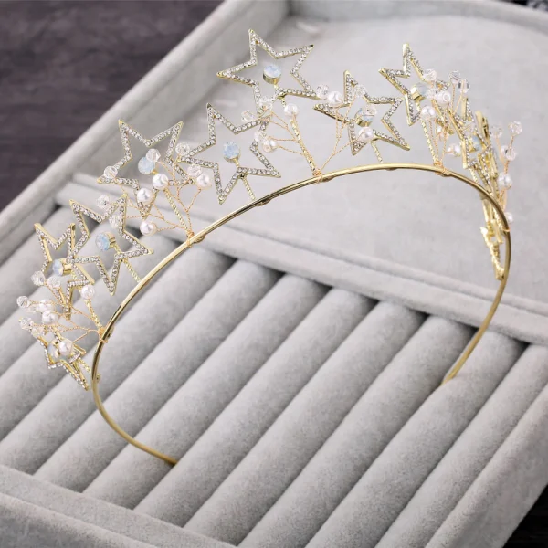 Chic / Beautiful Gold Bridal Jewelry 2018 Metal Pearl Crystal Rhinestone Star Tiara Earrings Wedding Accessories