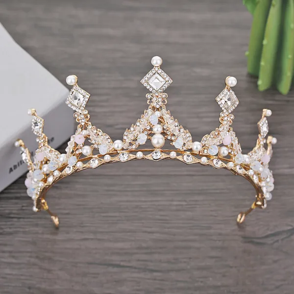 Mooie / Prachtige Goud Bruidssieraden 2018 Metaal Parel Kristal Rhinestone Tiara Huwelijk Accessoires