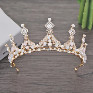 Schöne Gold Brautschmuck 2018 Metall Perle Kristall Strass Diadem Hochzeit Brautaccessoires
