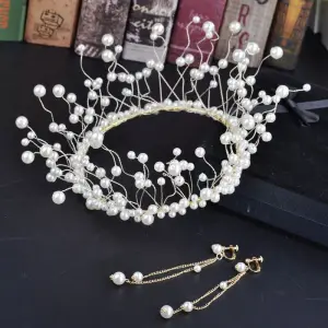 Amazing Unique Gold Ivory Bridal Jewelry 2018 Metal Pearl Tiara Earrings Accessories