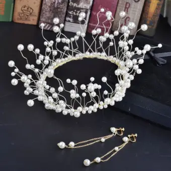 Amazing Unique Gold Ivory Bridal Jewelry 2018 Metal Pearl Tiara Earrings Accessories