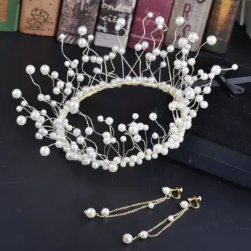 Najpiękniejsze Ekskluzywne Złote Kość Słoniowa Biżuteria Ślubna 2018 Metal Perła Tiara Kolczyki Akcesoria