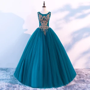 Chic Belle Bleu D 039 Encre Robe De Bal 2018 Robe Boule Encolure Dégagée Sans Manches Faux Diamant Longue Volants Dos Nu Robe De Ceremonie