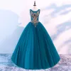 Chic / Beautiful Ink Blue Prom Dresses 2018 Ball Gown Scoop Neck Sleeveless Rhinestone Floor-Length / Long Ruffle Backless Formal Dresses