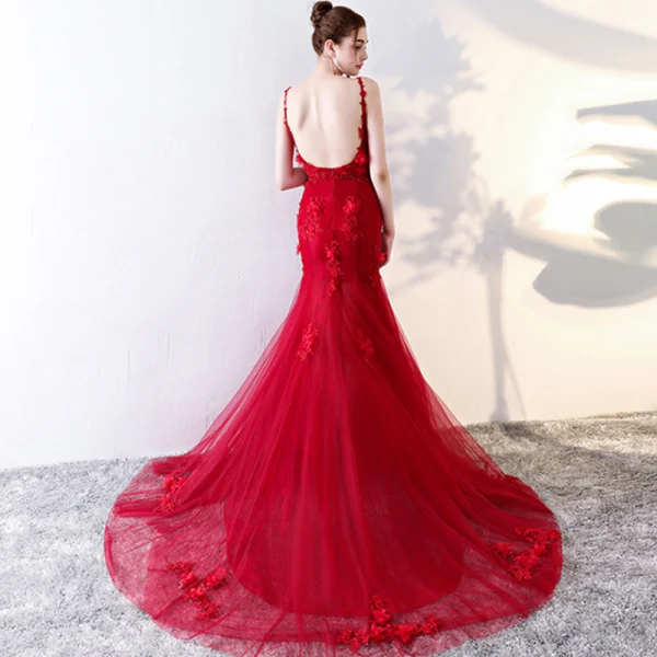 Modern / Fashion Red Evening Dresses 2017 Trumpet / Mermaid Chapel Train Cascading Ruffles Spaghetti Straps Sleeveless Backless Lace Appliques Flower Beading Formal Dresses