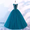 Chic / Beautiful Ink Blue Prom Dresses 2018 Ball Gown Scoop Neck Sleeveless Rhinestone Floor-Length / Long Ruffle Backless Formal Dresses