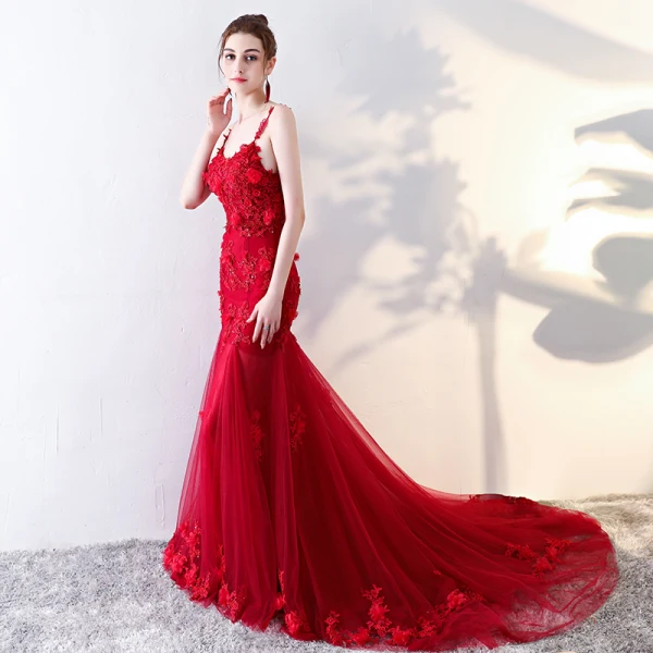 Modern / Fashion Red Evening Dresses 2017 Trumpet / Mermaid Chapel Train Cascading Ruffles Spaghetti Straps Sleeveless Backless Lace Appliques Flower Beading Formal Dresses
