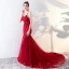 Modern / Fashion Red Evening Dresses  2017 Trumpet / Mermaid Chapel Train Cascading Ruffles Spaghetti Straps Sleeveless Backless Lace Appliques Flower Beading Formal Dresses