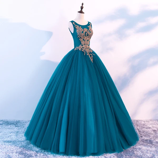 Chic / Beautiful Ink Blue Prom Dresses 2018 Ball Gown Scoop Neck Sleeveless Rhinestone Floor-Length / Long Ruffle Backless Formal Dresses