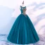 Chic / Beautiful Ink Blue Prom Dresses 2018 Ball Gown Scoop Neck Sleeveless Rhinestone Floor-Length / Long Ruffle Backless Formal Dresses