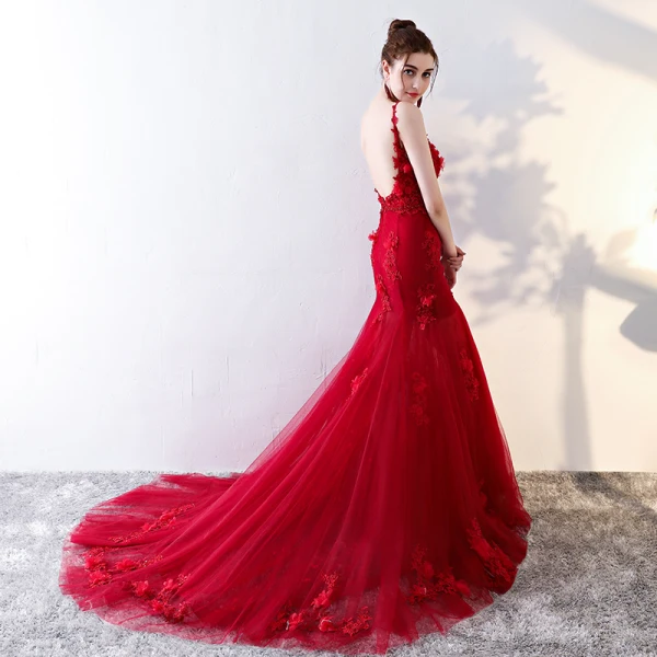 Modern / Fashion Red Evening Dresses 2017 Trumpet / Mermaid Chapel Train Cascading Ruffles Spaghetti Straps Sleeveless Backless Lace Appliques Flower Beading Formal Dresses
