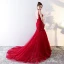 Modern / Fashion Red Evening Dresses  2017 Trumpet / Mermaid Chapel Train Cascading Ruffles Spaghetti Straps Sleeveless Backless Lace Appliques Flower Beading Formal Dresses