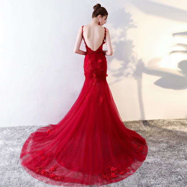 Modern / Fashion Red Evening Dresses 2017 Trumpet / Mermaid Chapel Train Cascading Ruffles Spaghetti Straps Sleeveless Backless Lace Appliques Flower Beading Formal Dresses