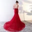 Modern / Fashion Red Evening Dresses  2017 Trumpet / Mermaid Chapel Train Cascading Ruffles Spaghetti Straps Sleeveless Backless Lace Appliques Flower Beading Formal Dresses