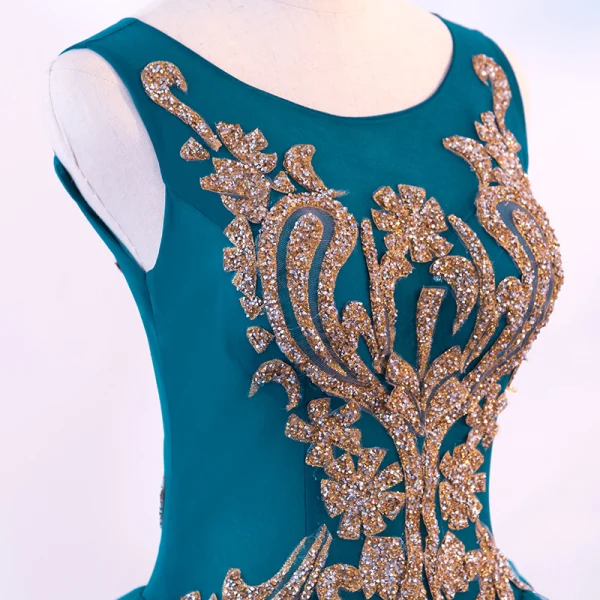Chic / Beautiful Ink Blue Prom Dresses 2018 Ball Gown Scoop Neck Sleeveless Rhinestone Floor-Length / Long Ruffle Backless Formal Dresses