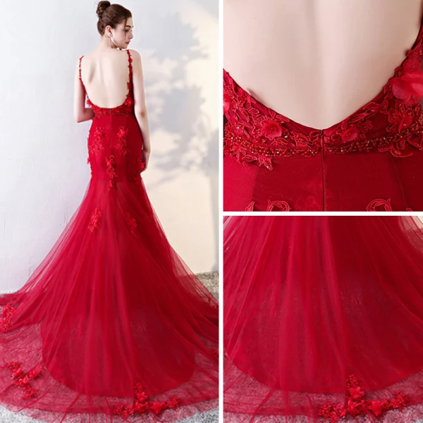 Modern / Fashion Red Evening Dresses 2017 Trumpet / Mermaid Chapel Train Cascading Ruffles Spaghetti Straps Sleeveless Backless Lace Appliques Flower Beading Formal Dresses