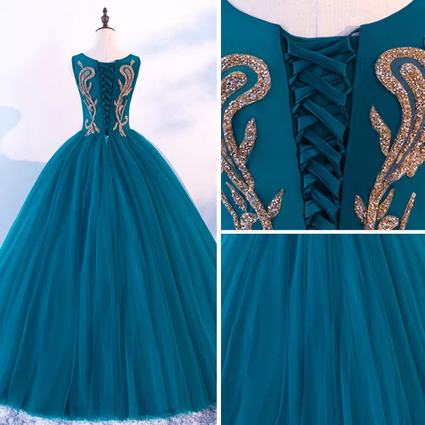 Chic / Beautiful Ink Blue Prom Dresses 2018 Ball Gown Scoop Neck Sleeveless Rhinestone Floor-Length / Long Ruffle Backless Formal Dresses