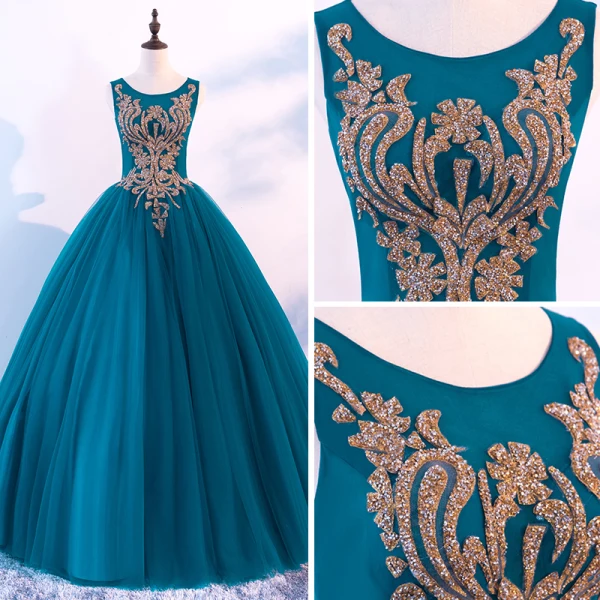 Chic / Beautiful Ink Blue Prom Dresses 2018 Ball Gown Scoop Neck Sleeveless Rhinestone Floor-Length / Long Ruffle Backless Formal Dresses