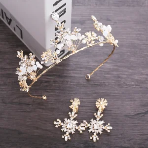 Schöne Gold Metall Brautaccessoires 2018 Perle Kristall Strass Diadem Ohrringe Hochzeit Brautschmuck