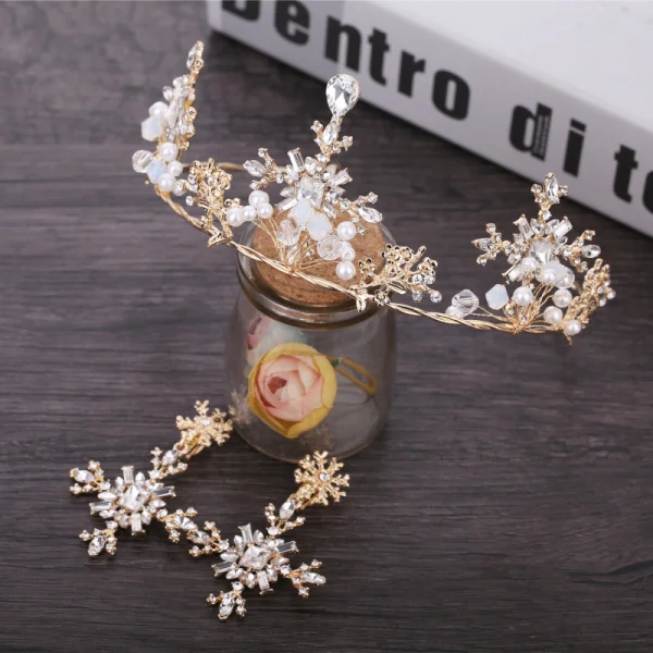 Chic / Beautiful Gold Metal Accessories 2018 Pearl Crystal Rhinestone Tiara Earrings Wedding Bridal Jewelry