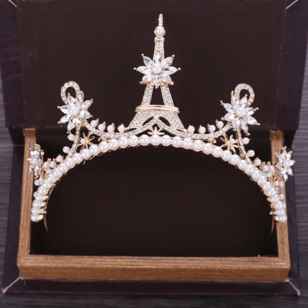 Chic / Beautiful Gold Metal Bridal Jewelry 2018 Pearl Rhinestone Tiara Wedding Accessories