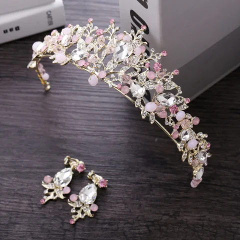 Schöne Pink Brautschmuck 2018 Metall Kristall Strass Ohrringe Diadem Brautaccessoires