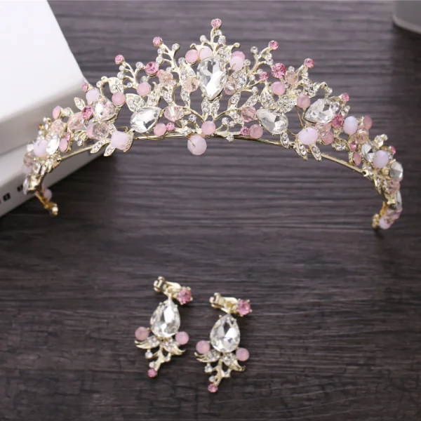 Snygga / Fina Godis Rosa Brudsmycken 2018 Metall Kristall Rhinestone Örhängen Tiara Tillbehör