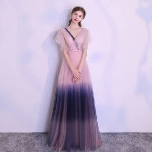 Unique Rougissant Rose Dégradé De Couleur Bleu Marine Robe De Soirée 2018 Princesse V Cou Manches Courtes Noeud Ceinture Longue Volants Dos Nu Robe De Ceremonie