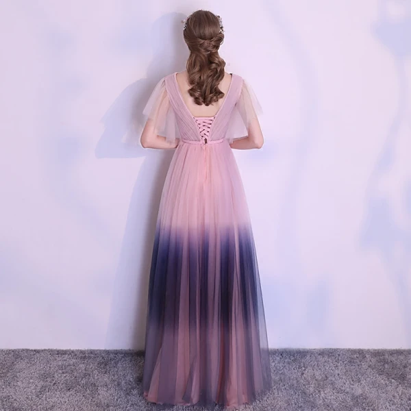 Unique Rougissant Rose Dégradé De Couleur Bleu Marine Robe De Soirée 2018 Princesse V-Cou Manches Courtes Noeud Ceinture Longue Volants Dos Nu Robe De Ceremonie